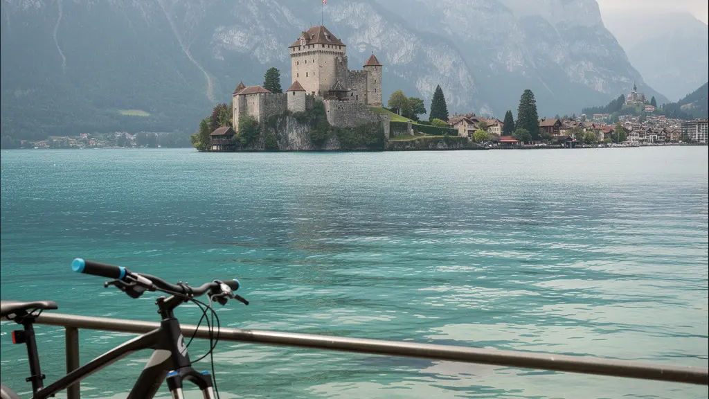Vue panoramique du château de Duingt sur sa presqu'île avec vélo au premier plan