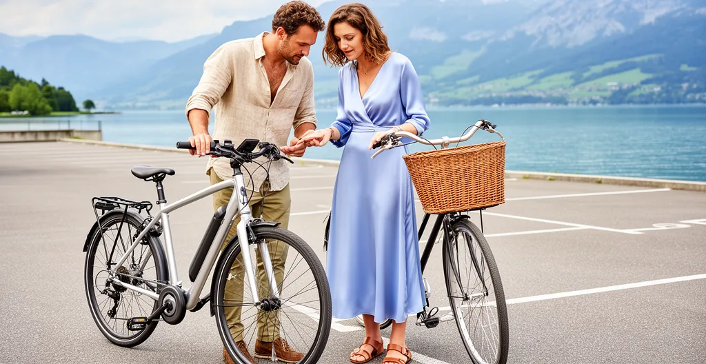 Deux adultes comparant vélo classique et VAE au bord du lac