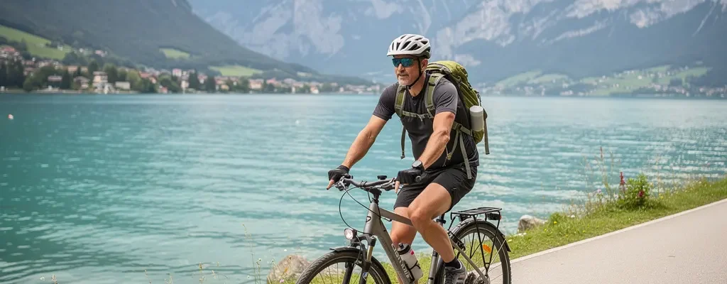 Cycliste pédalant sur la voie verte longeant le lac d'Annecy avec montagnes en arrière-plan