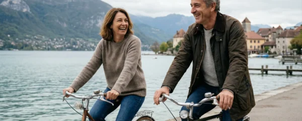 Deux cyclistes longeant la piste cyclable du lac d'Annecy