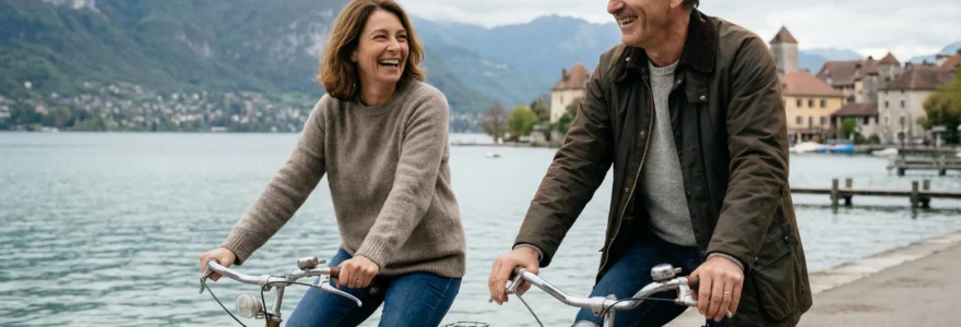 Deux cyclistes longeant la piste cyclable du lac d'Annecy