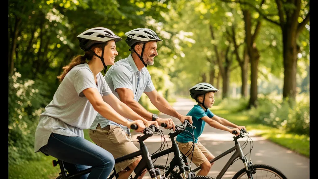 Famille française pédalant ensemble sur la piste cyclable ombragée du lac d'Annecy