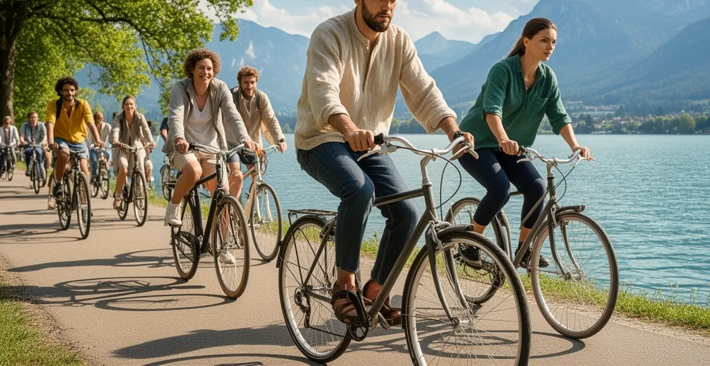 Vue réaliste de la piste cyclable avec cyclistes et piétons