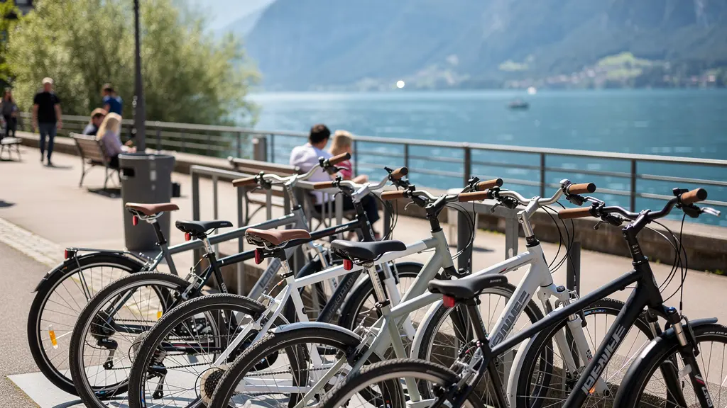 Rangée de vélos de location prêts à partir devant le lac d'Annecy