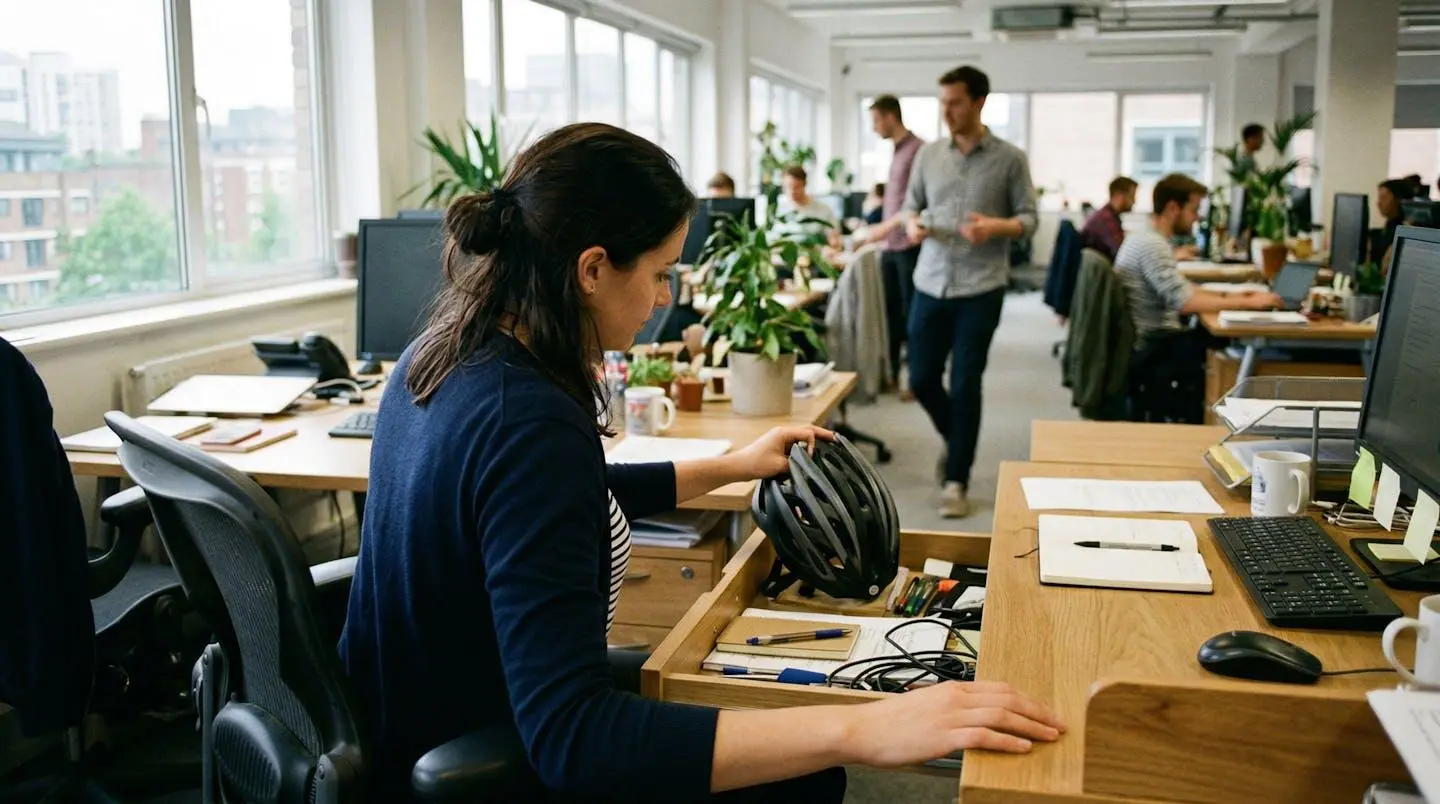 Personne rangeant un casque pliable dans un tiroir de bureau open space près d'une fenêtre