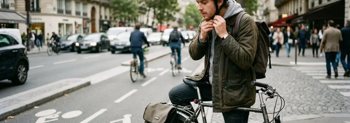 Un cycliste en tenue de ville ajuste les sangles de son casque sur une piste cyclable parisienne, lumière matinale