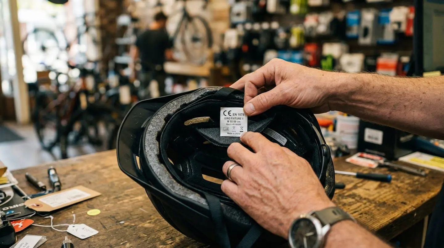 Mains tenant un casque et vérifiant l'étiquette de certification CE à l'intérieur sur un comptoir de magasin vélo